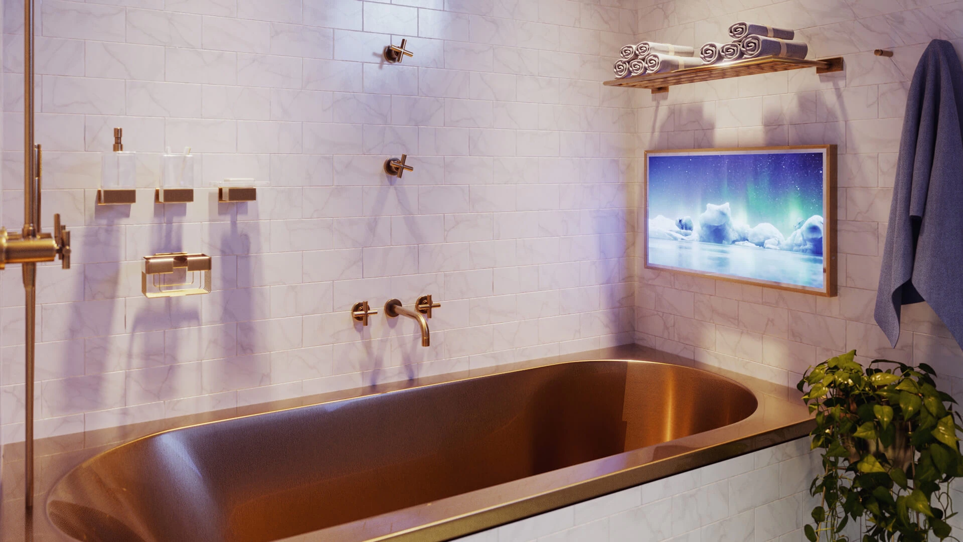 Golden bathtub with a framed bathroom Ocea Style TV on a tiled wall in a restroom.